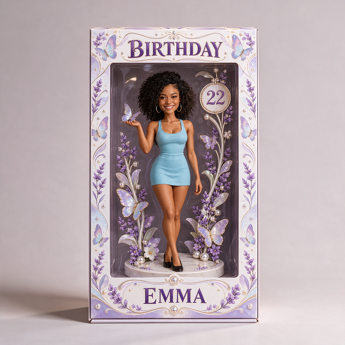 Personalized Birthday Display Box - Portrait Figurine with Lavender Butterfly, Name and Age