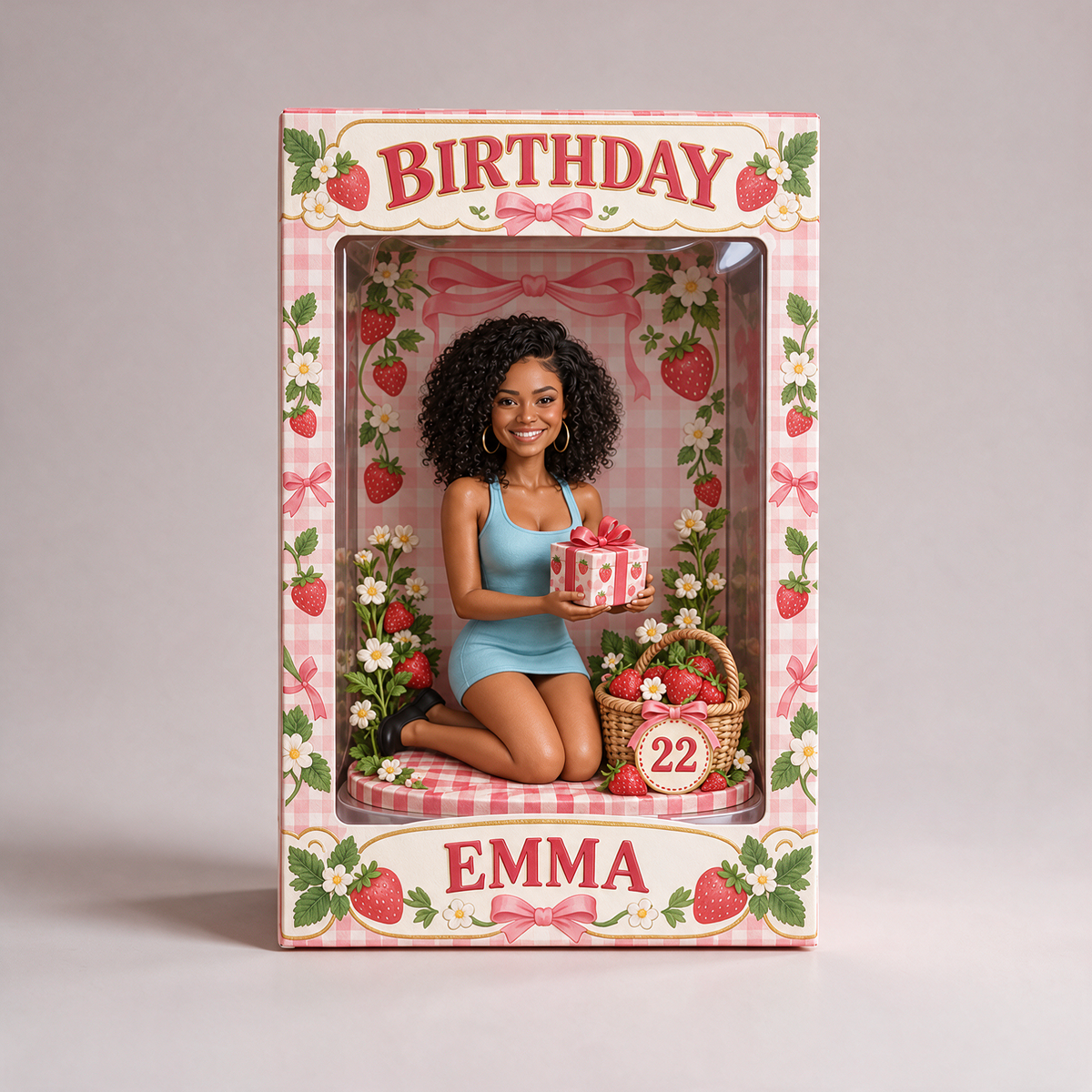 Personalized Birthday Window Box - Strawberry Portrait Figurine, Name and Age