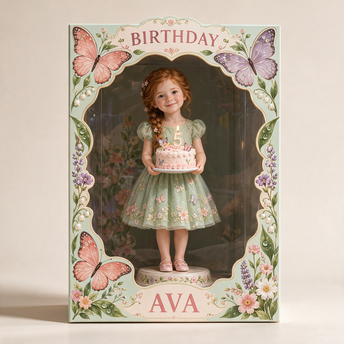 Personalisierte Acryl-Displaybox für Fotos im Schmetterlingsgarten - 5. Geburtstag Geschenk für Mädchen