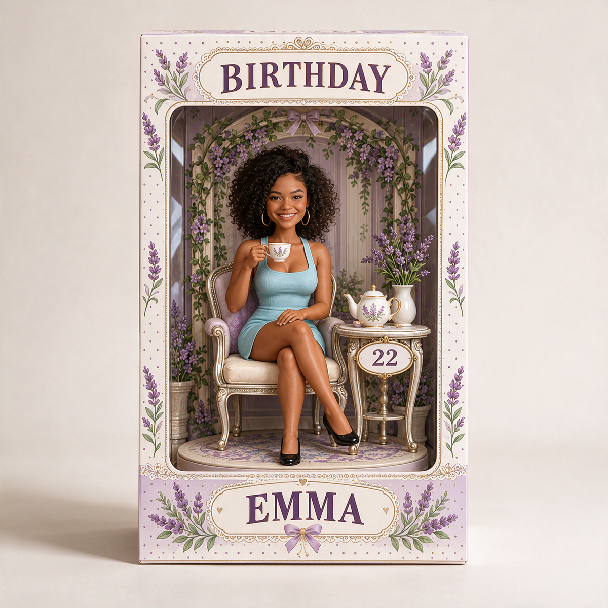 Personalized Birthday Figurine Display Box - Lavender Tea Party Photo Portrait with Custom Name and Age