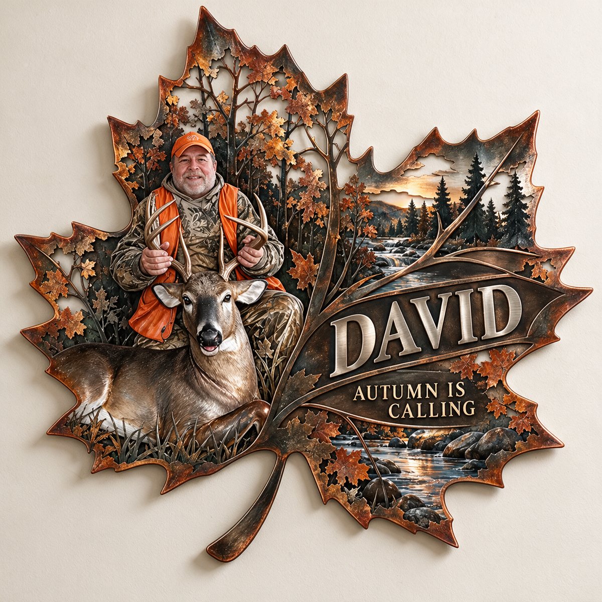 Personalisierte Jagd Metall-Schild - Herbst-Ahornblatt Wandkunst mit Foto, Name und Text