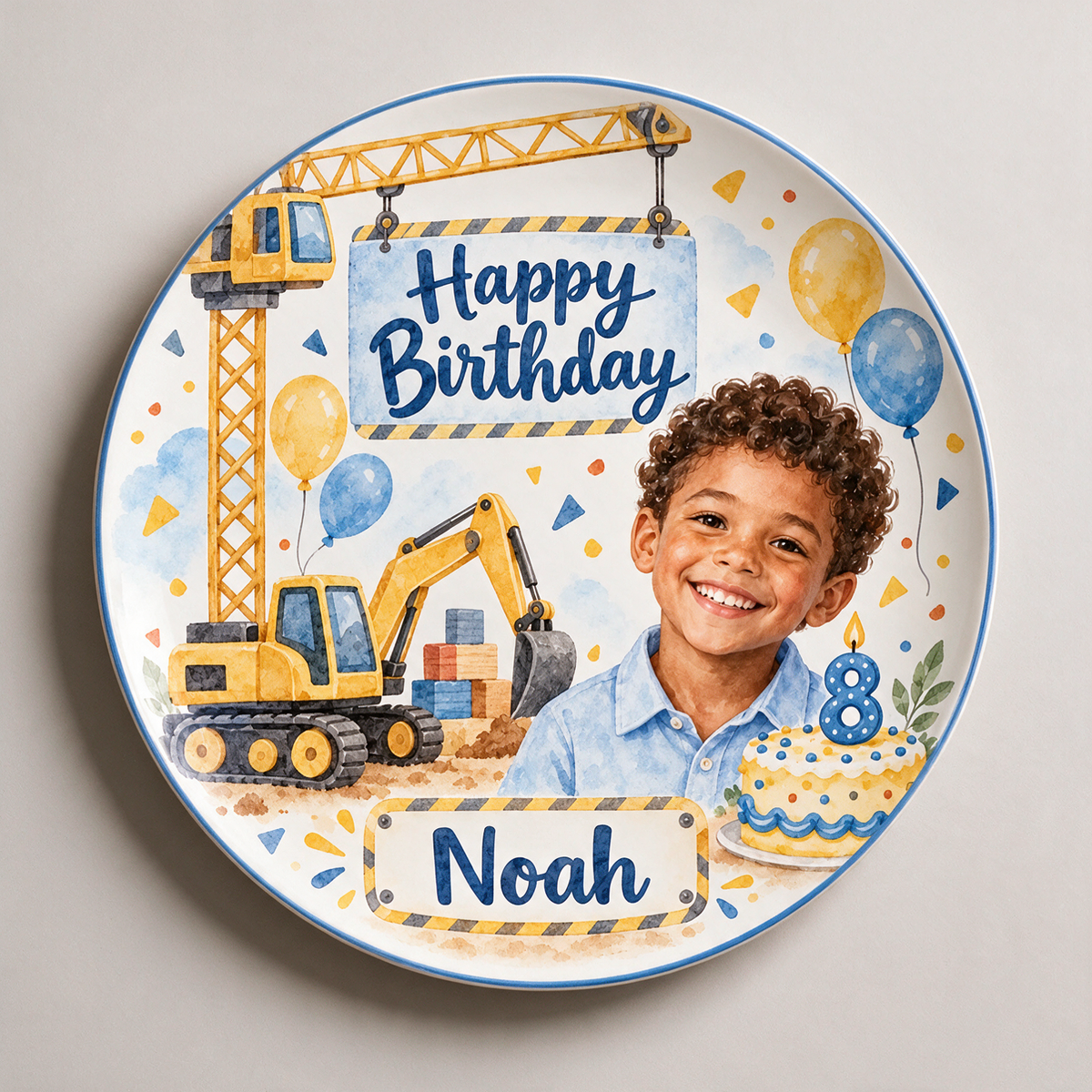 Personalized Construction Ceramic Plate - Birthday Watercolor Portrait, Custom Name and Age