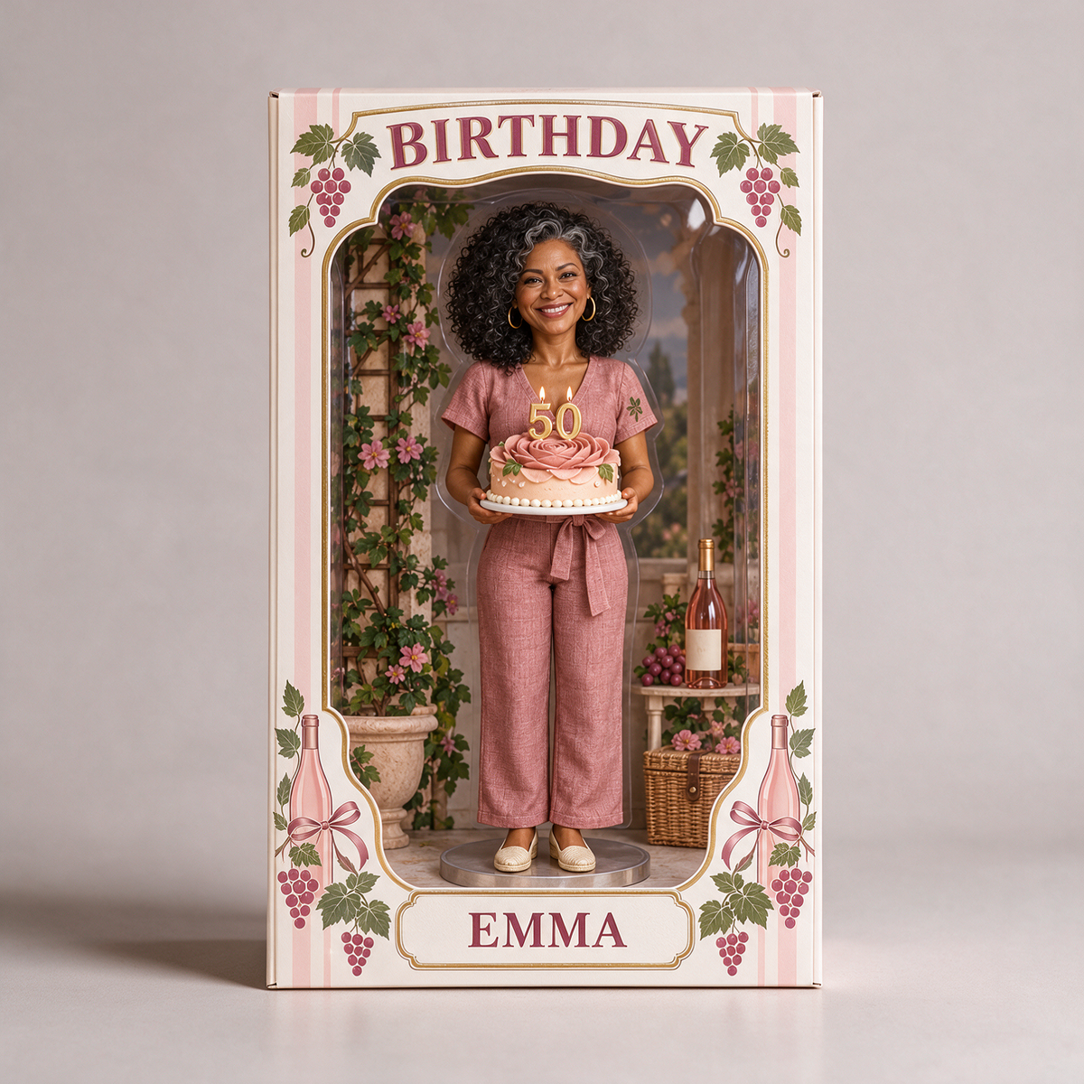 Personalized Wine Lover Figurine Display Box - Rosé Birthday Photo Portrait with Custom Name and Age