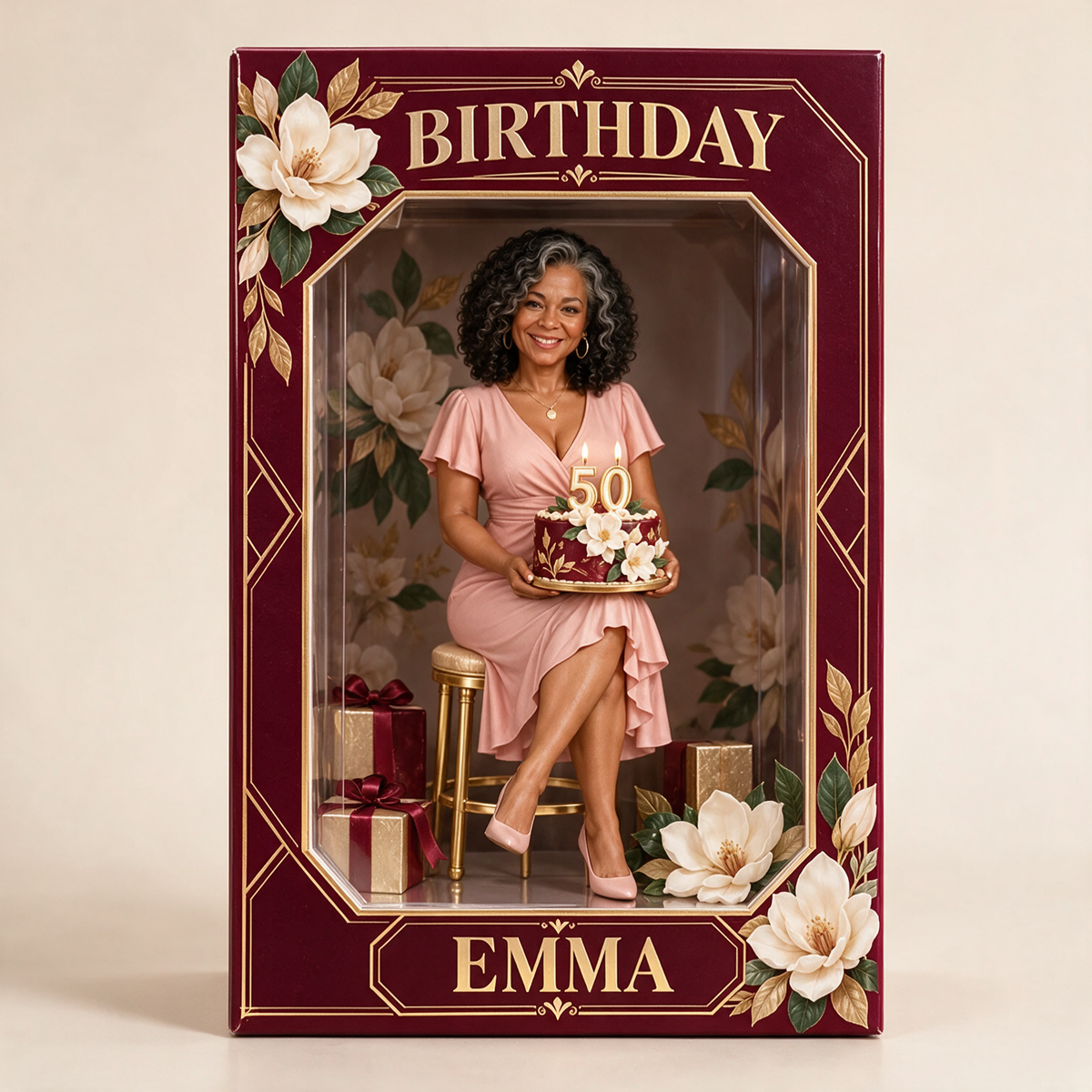 Personalized Custom Photo Magnolia Figurine in Acrylic Display Box - 50th Birthday Gift for Women