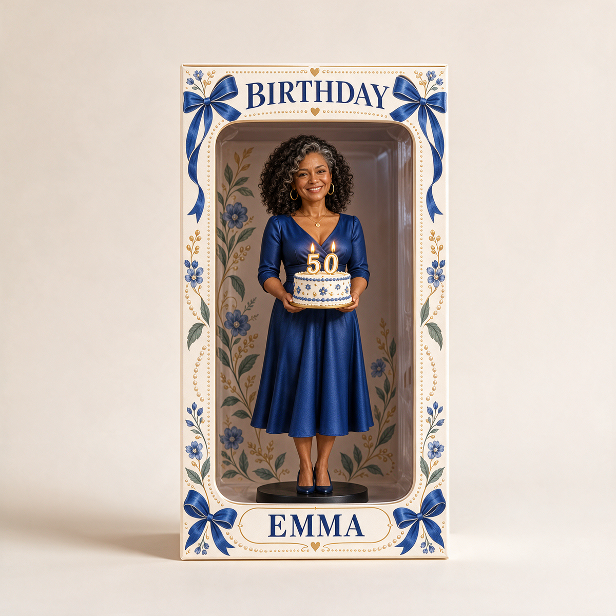 Personalisierte Fotofigurinen-Displaybox mit blauer Schleife - 50. Geburtstagsgeschenk für Frauen