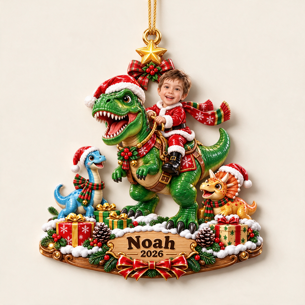Personalized Custom Photo Dinosaur 3D Ornament - 2026 Christmas Gift for Boys
