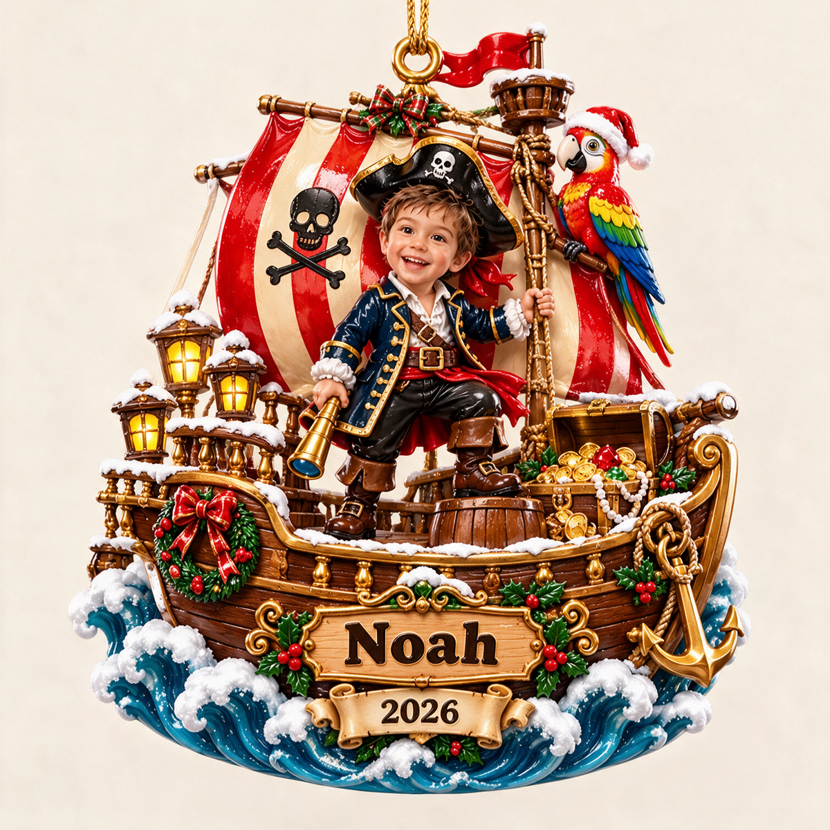 Personalized Custom Photo Pirate Ship 3D Ornament - 2026 Christmas Gift for Boys