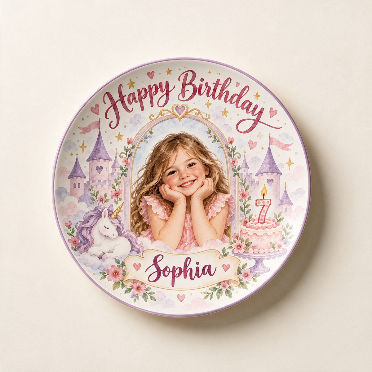 Personalized Unicorn Ceramic Round Plate - Princess Birthday Portrait, Custom Name and Age