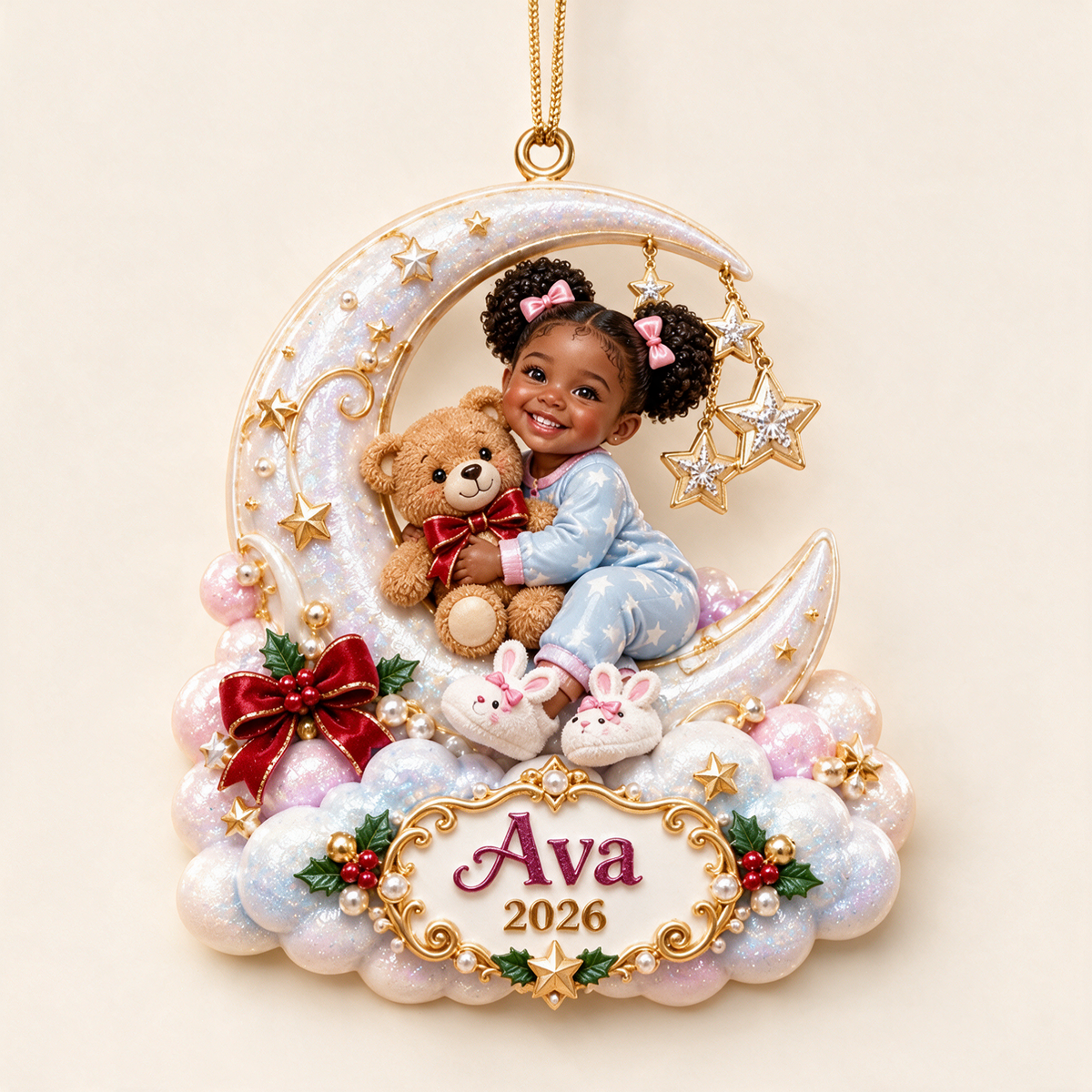Personalized Custom Photo Crescent Moon and Teddy Bear 3D Ornament - 2026 Christmas Gift for Little Girls