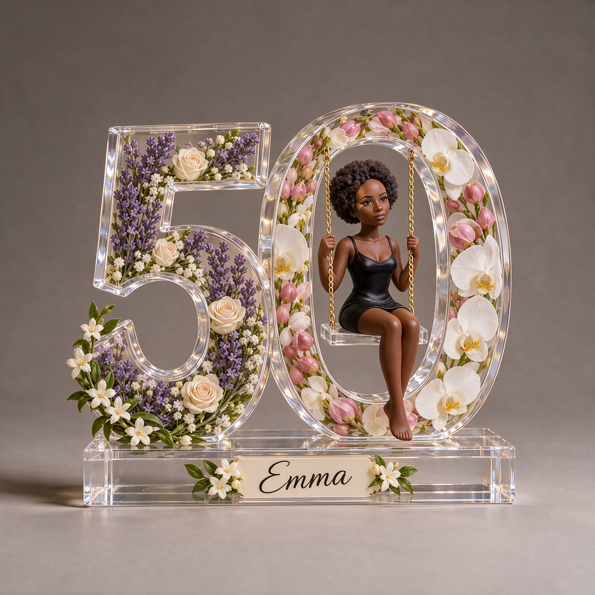 Personalized Custom Photo Floral Swing Acrylic Number Figurine Display - 50th Birthday Gift for Women