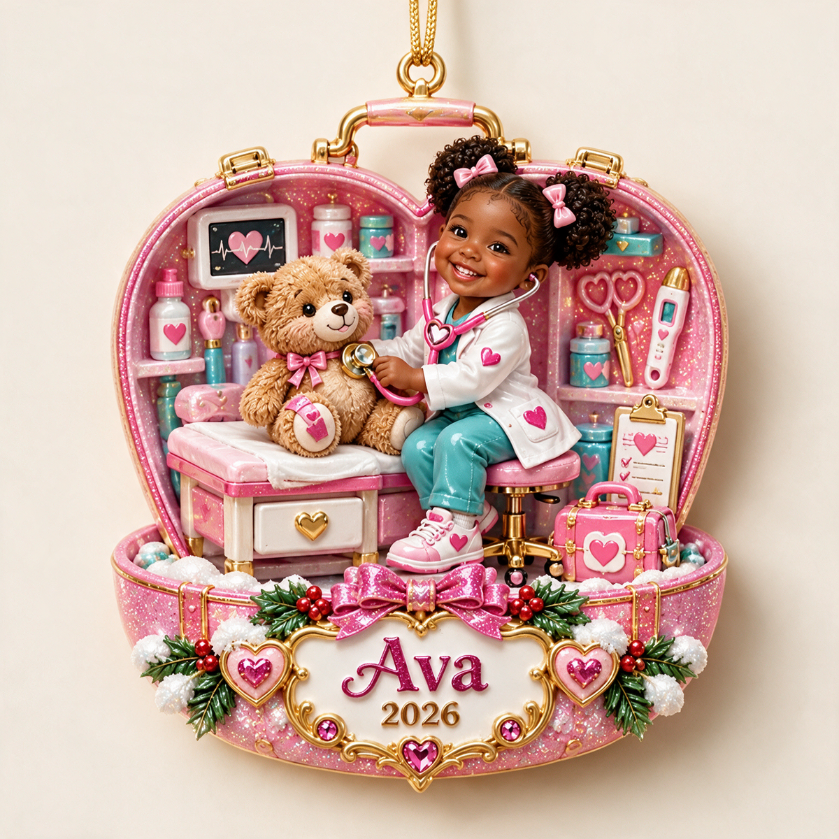 Personalized Custom Photo Doctor and Teddy Bear 3D Ornament - 2026 Christmas Gift for Little Girls