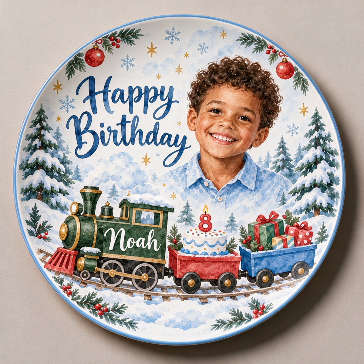 Personalized Christmas Train Ceramic Plate - Birthday Watercolor Portrait, Custom Name and Age