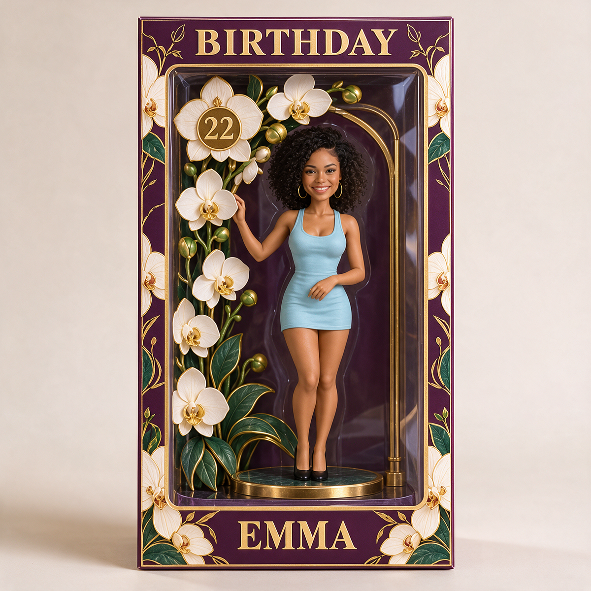 Personalized Orchid Birthday Display Box - Photo Portrait Figurine with Name and Age