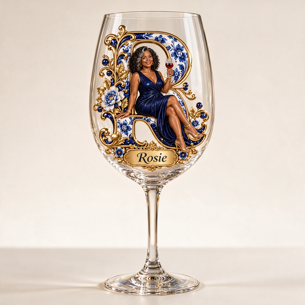 Personalized Custom Photo Blue Floral Wine Glass - Gift for Older Women