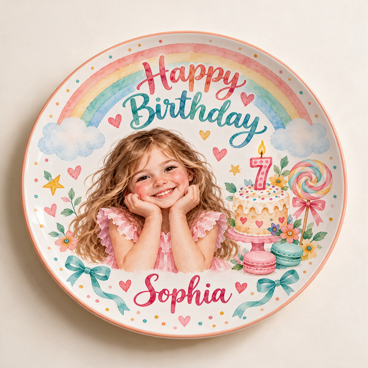 Personalized Birthday Ceramic Round Plate - Rainbow Watercolor Portrait Gift