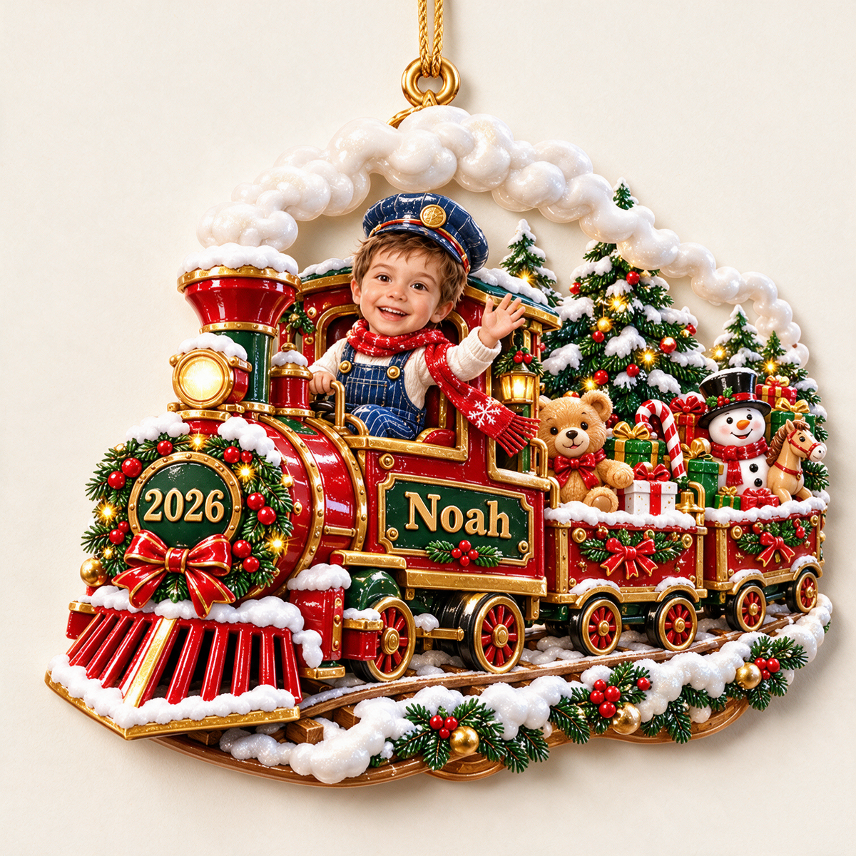 Personalized Custom Photo Train 3D Ornament - 2026 Christmas Gift for Boys