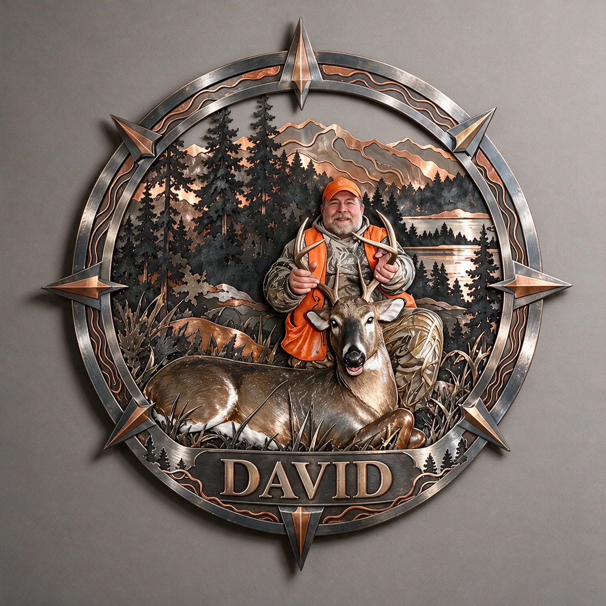 Personalized Custom Photo Deer Hunting 3D Metal Wall Art - Compass Frame Gift for Older Men