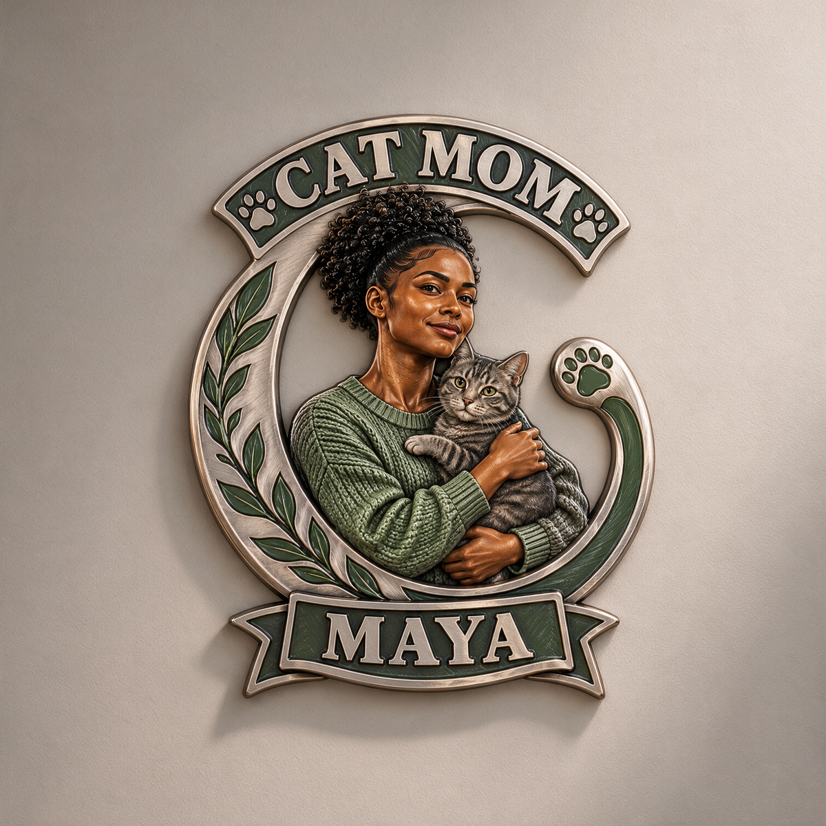 Personalisierte 3D-gedruckte Metalltafel für Katzenmamas - Geschenk für junge Frauen