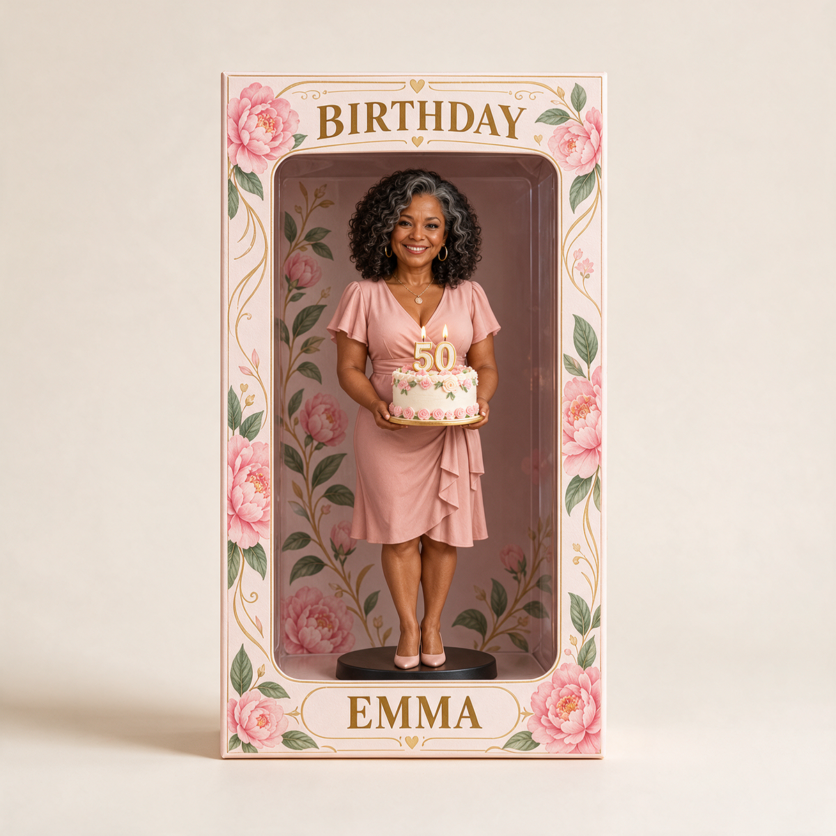 Personalized Custom Photo Pink Peony Figurine Display Box - 50th Birthday Gift for Women