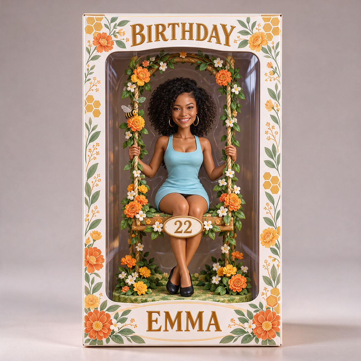 Personalized Floral Swing Display Box - Birthday Portrait Figurine with Name and Age