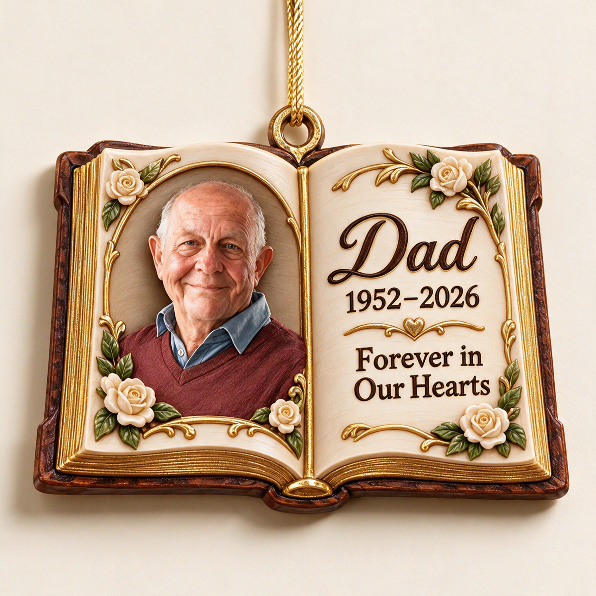 Personalized Custom Photo Dad Memorial Open Book Layered Wood Ornament - Christmas Remembrance Keepsake