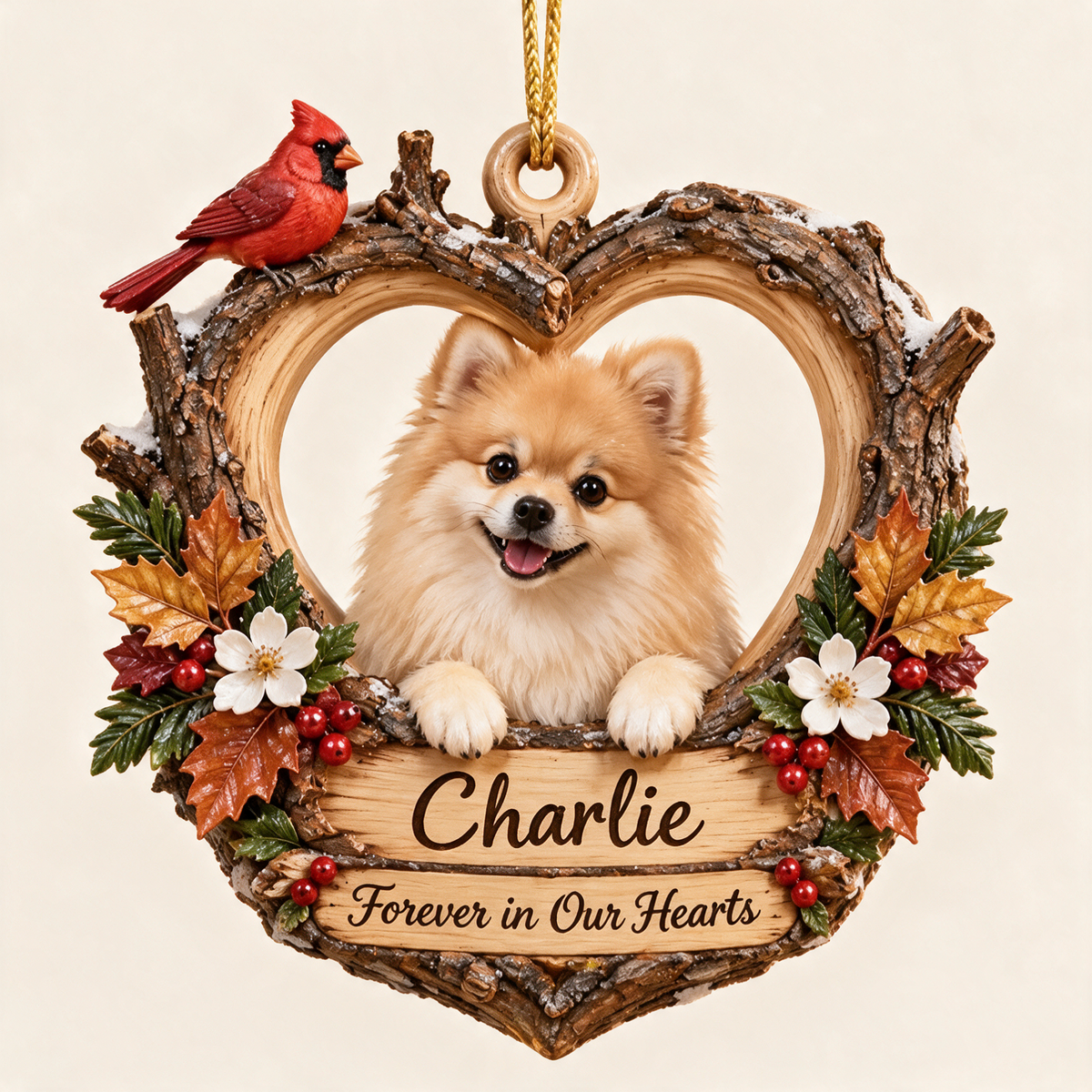Personalized Custom Photo Pomeranian Memorial 3D Woodland Heart Ornament - Christmas Dog Lover Gift