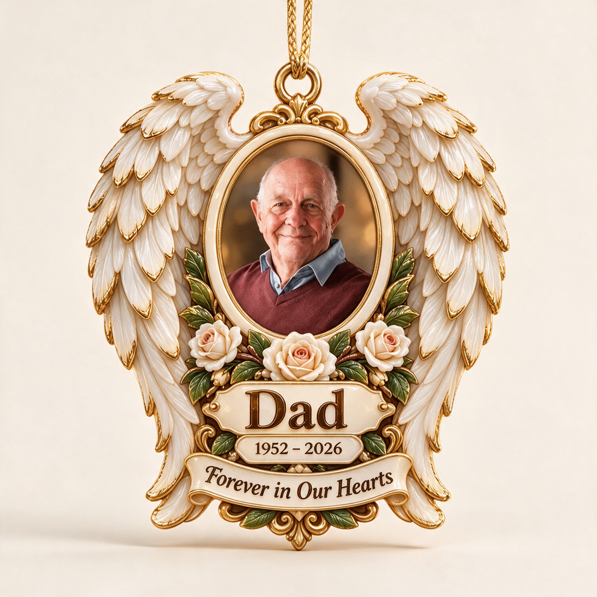 Personalized Custom Photo Dad Memorial Angel Wings Rose 3D Ornament - Christmas Remembrance Keepsake