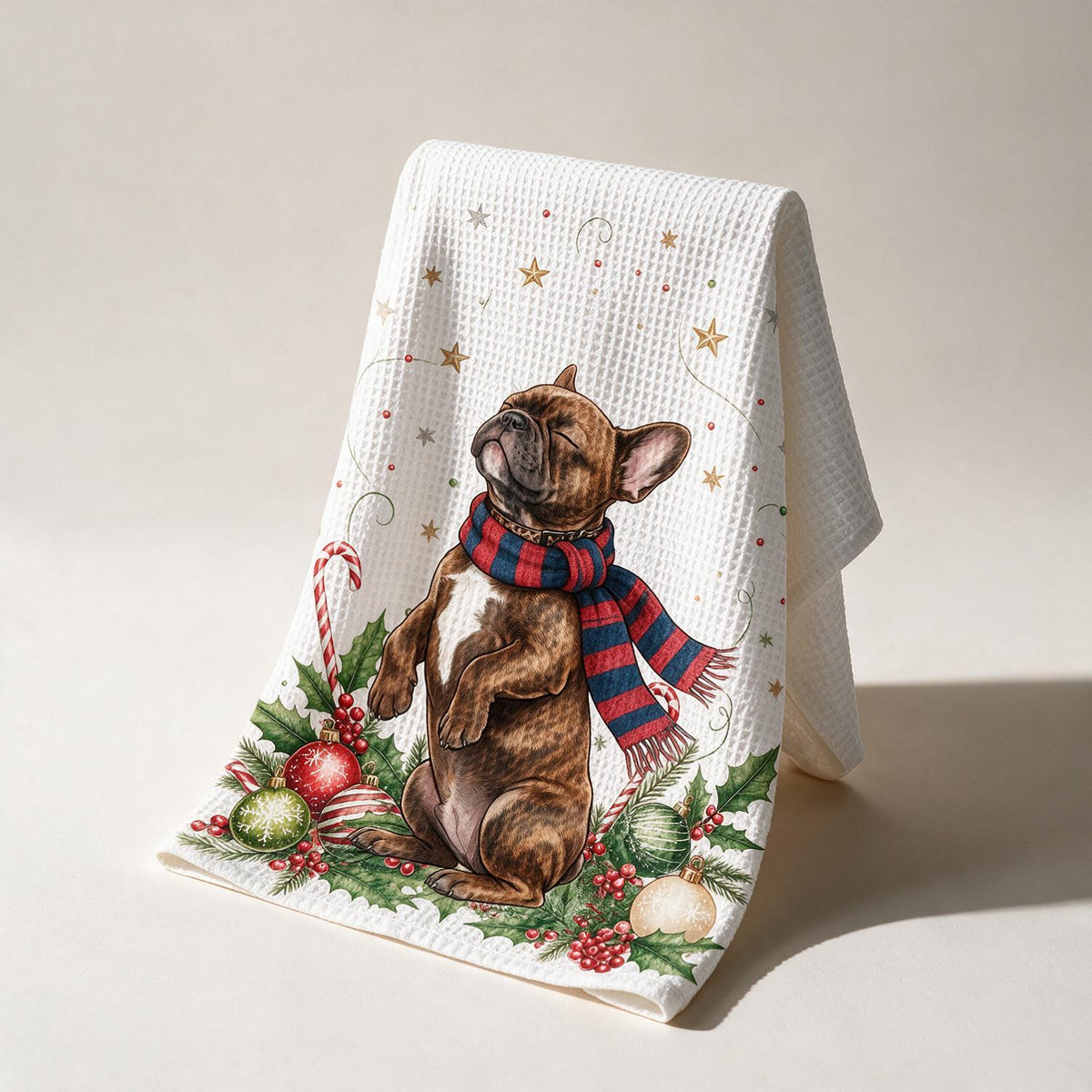 Custom Photo Christmas Brindle French Bulldog Kitchen Towel, Dog Lover Gift Decor