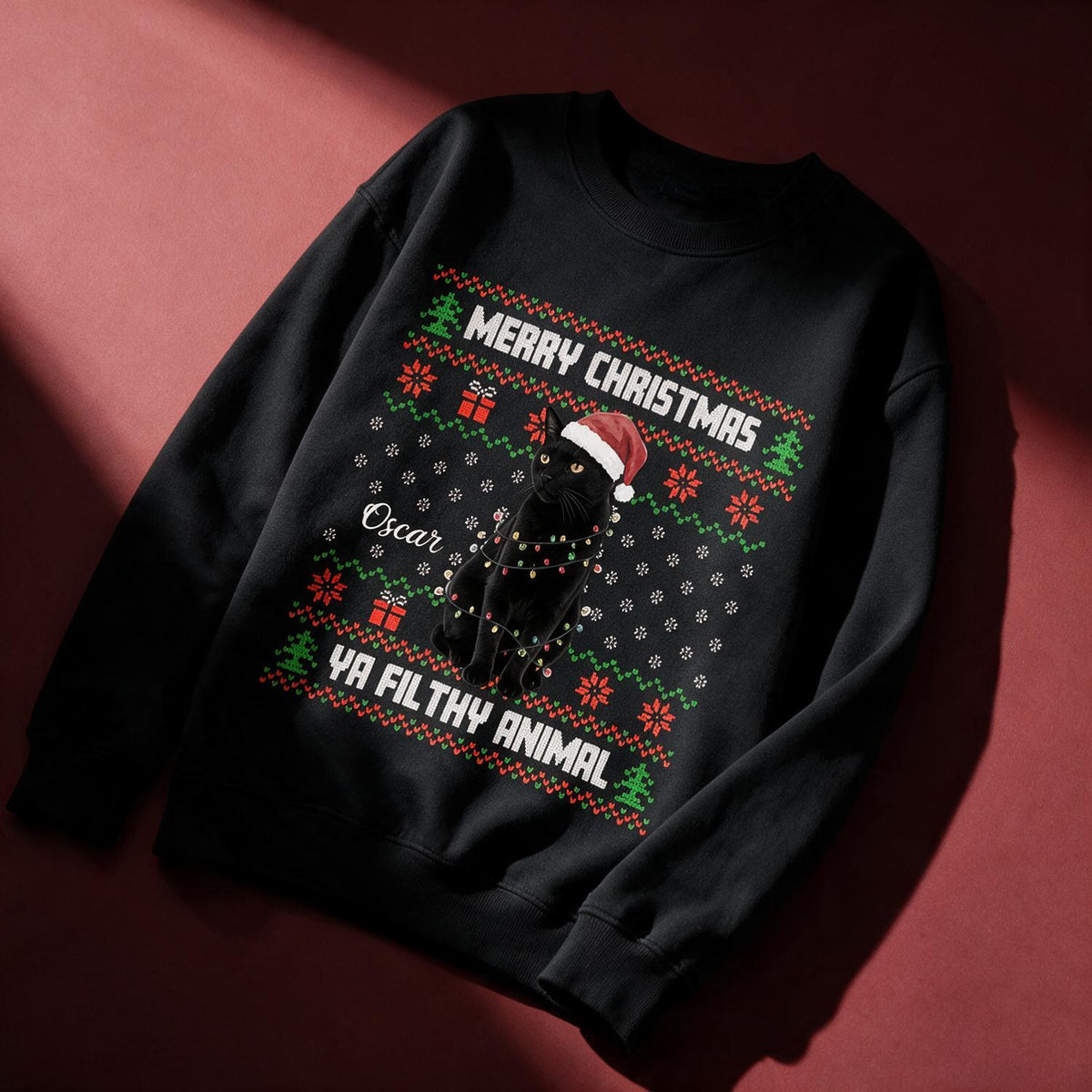 Personalisierter Weihnachts-Sweatshirt mit schwarzer Katze, Geschenk für Katzenliebhaber