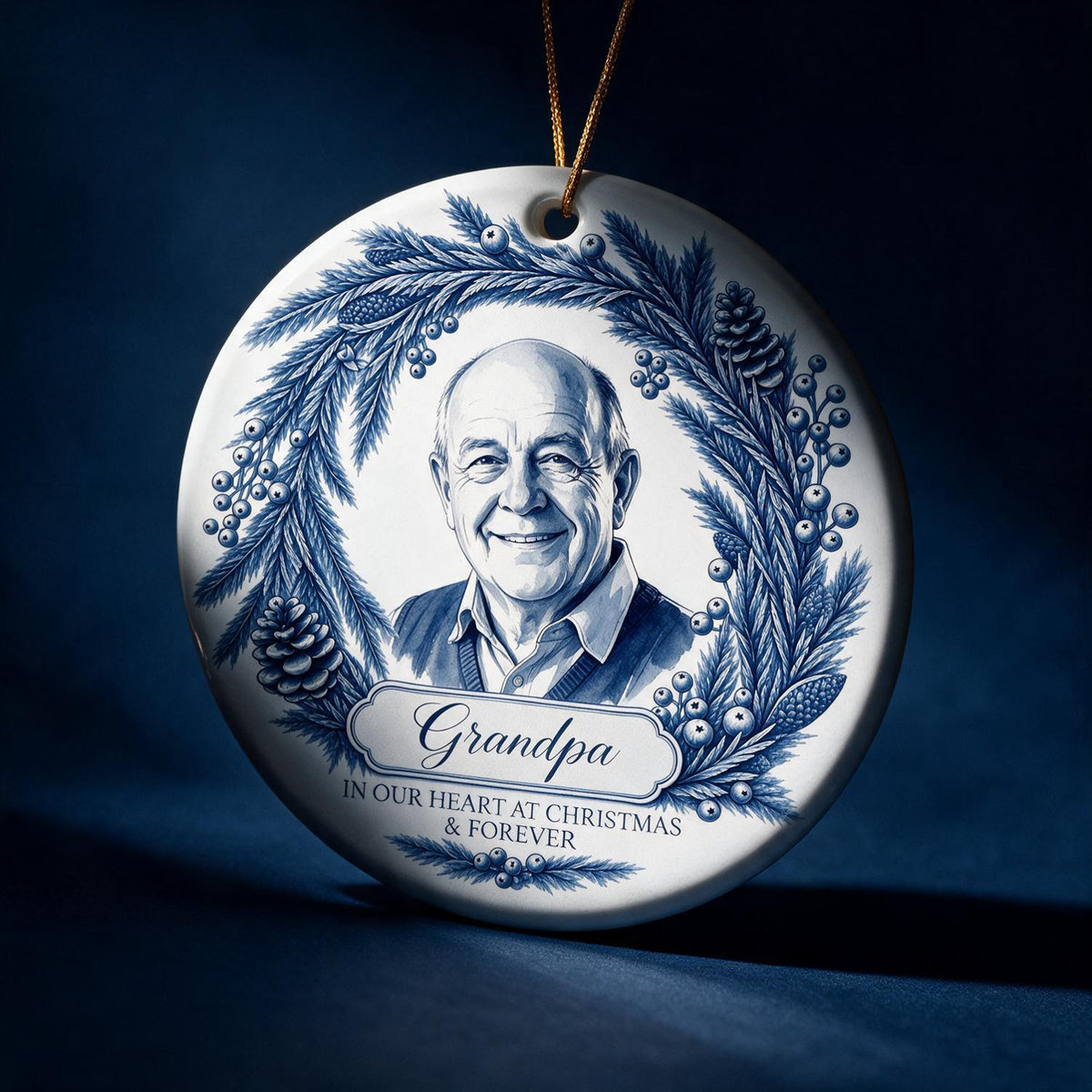 Personalized Christmas Memorial Grandpa Photo Ornament, Blue Willow Keepsake Gift