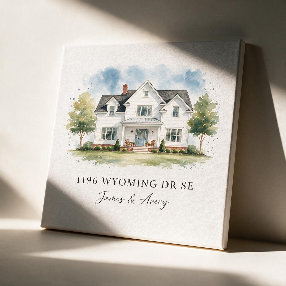 Personalized Housewarming Watercolor Home Portrait Canvas Wall Art, Custom Address First Home Gift