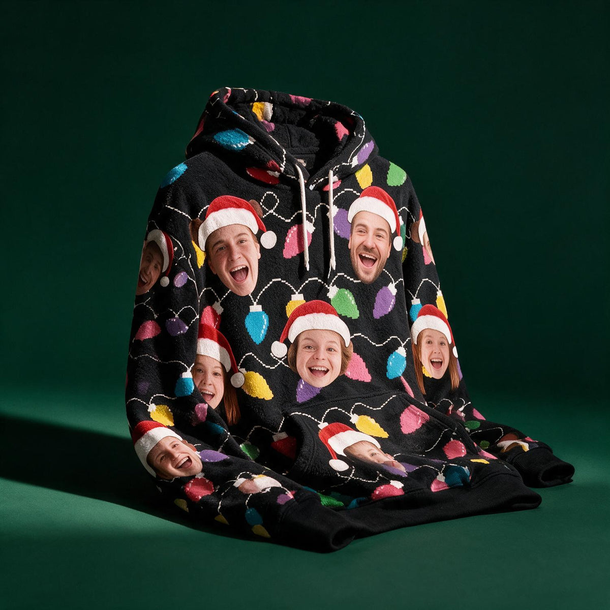 Custom Photo Christmas Family Face Print Fleece Hoodie, Funny Xmas Party Gift