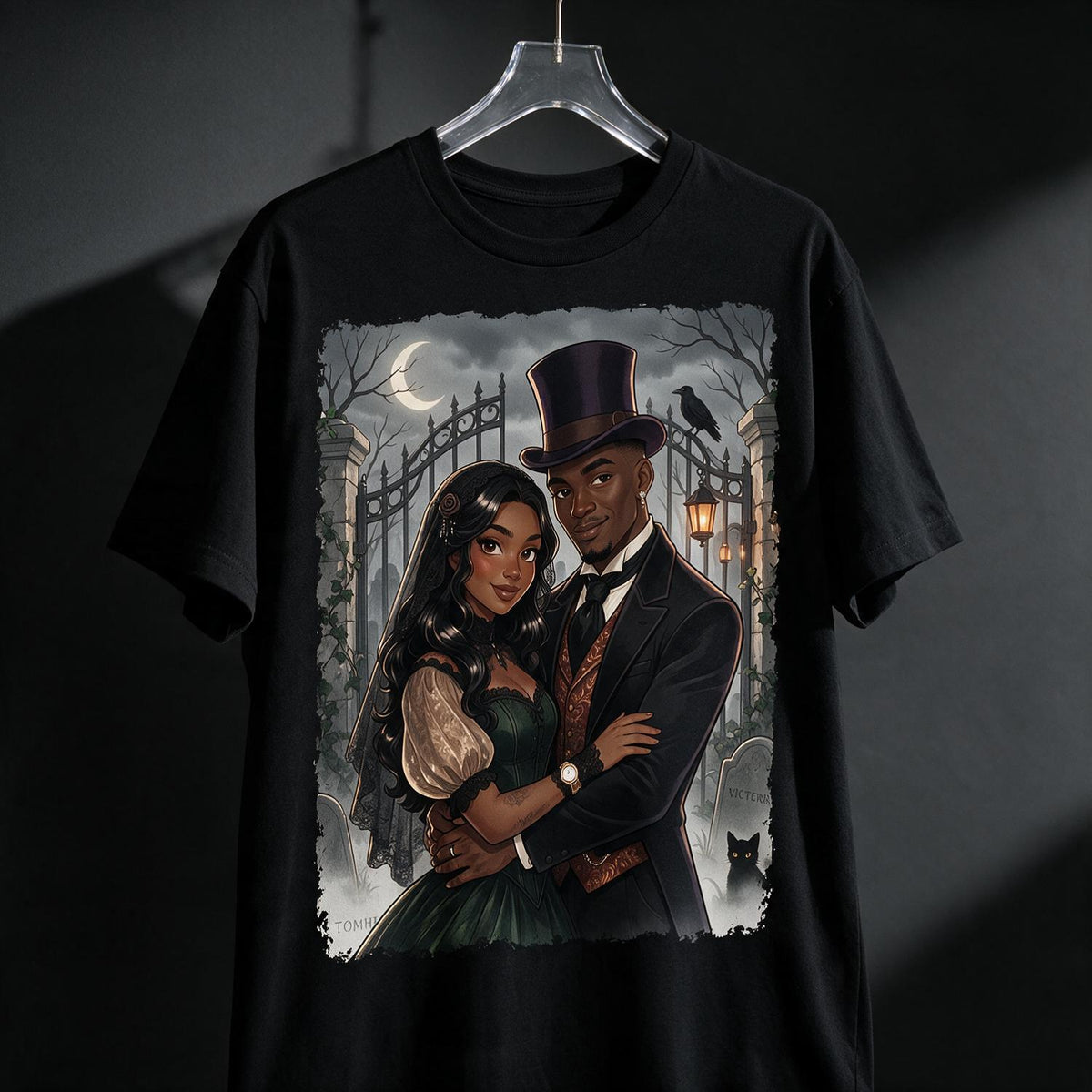 Personalized Halloween Gothic Couple Portrait Shirt, Anniversary Gift