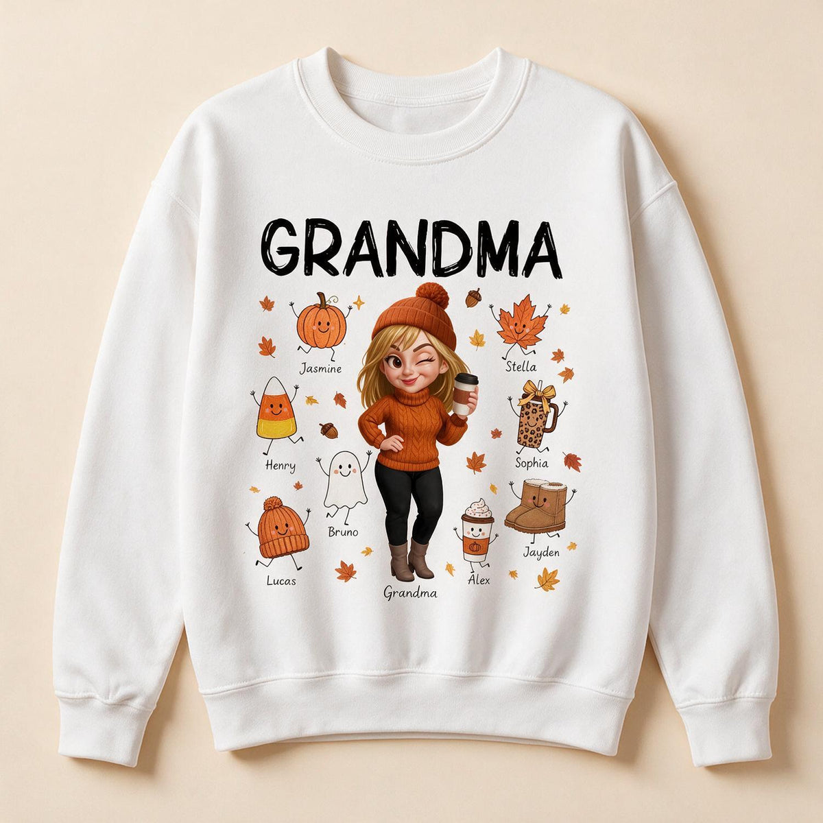 Personalized Grandma Fall Sweatshirt, Custom Grandkids Names Cute Fall Doodle Characters, Thanksgiving Gift for Grandma