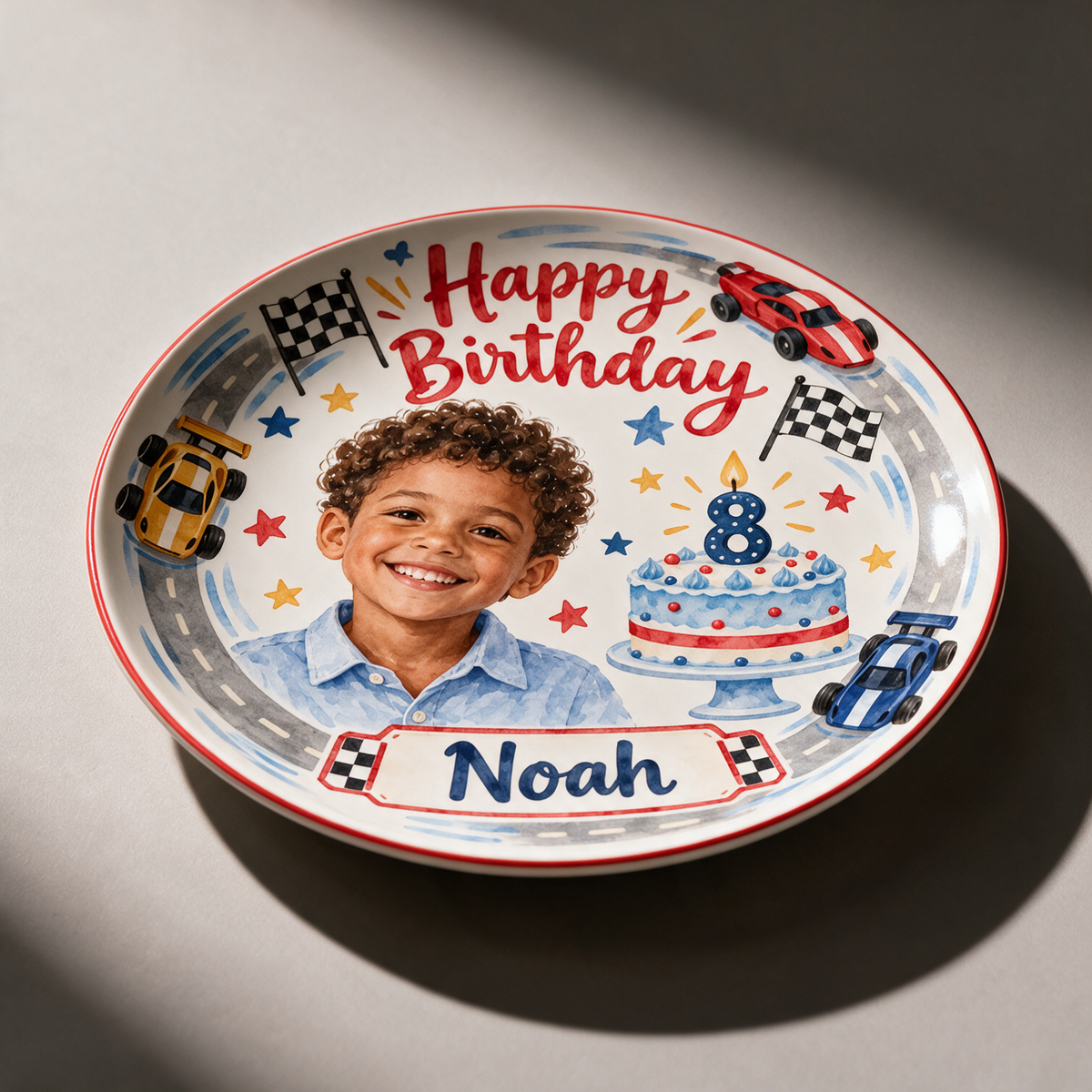 Personalized Race Car Ceramic Plate - Birthday Watercolor Portrait, Custom Name and Age