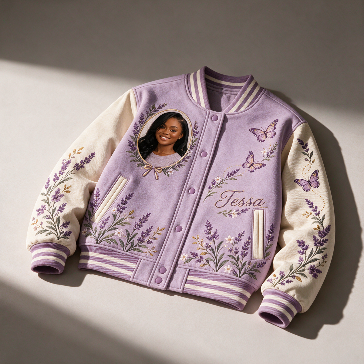 Personalized Butterfly Varsity Jacket - Women's Lavender Portrait Design