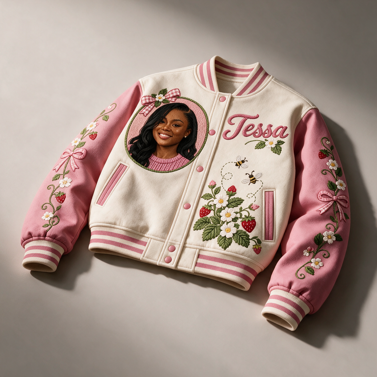 Personalized Strawberry Bow Varsity Jacket - Women's Birthday Gift with Portrait and Name