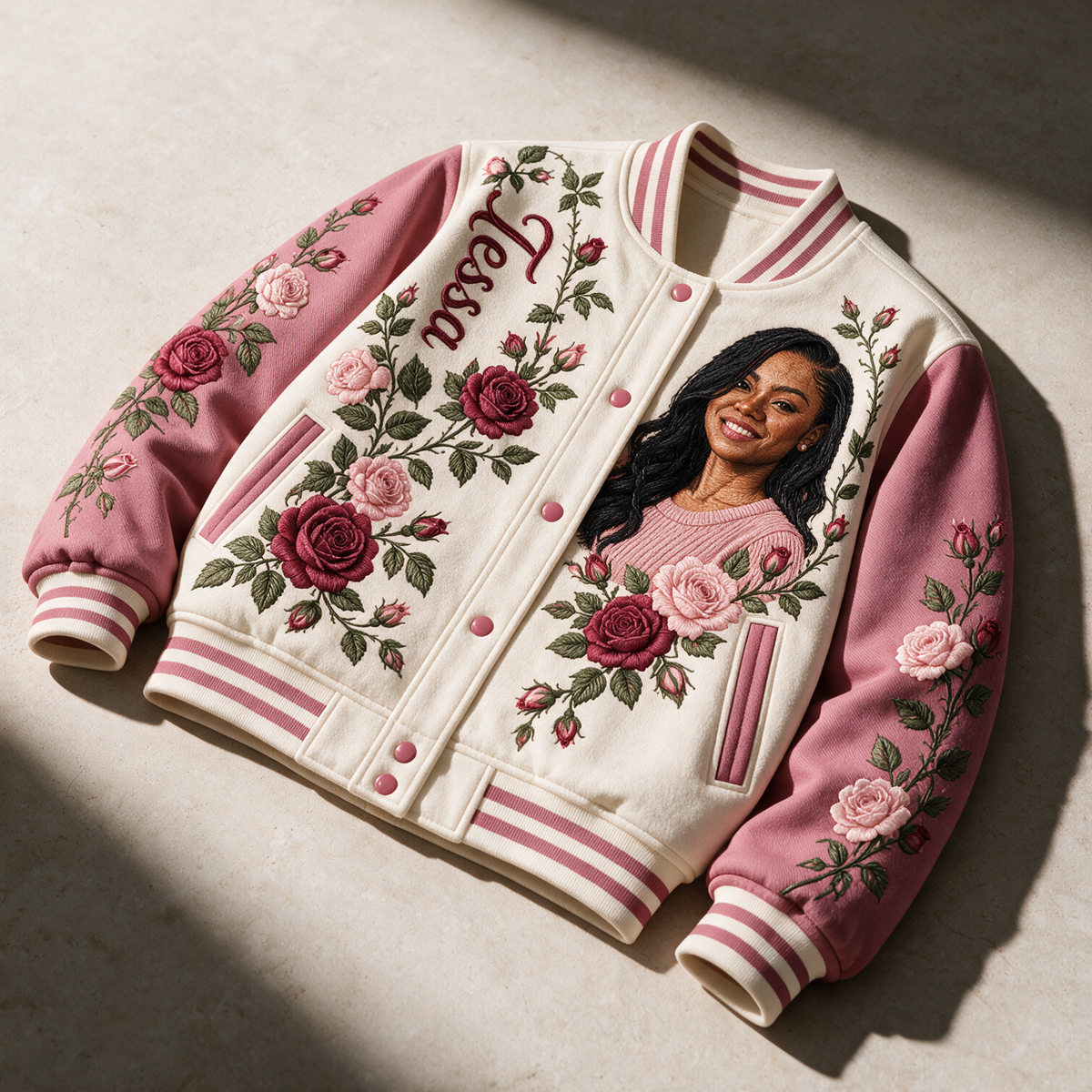 Personalized Rose Varsity Jacket - Women's Embroidered Portrait Design