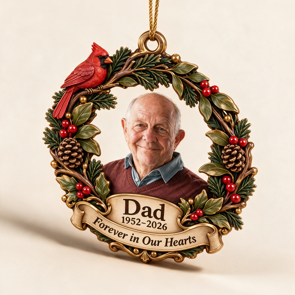 Personalized Custom Photo Dad Memorial Cardinal Wreath 3D Ornament - Christmas Remembrance Keepsake