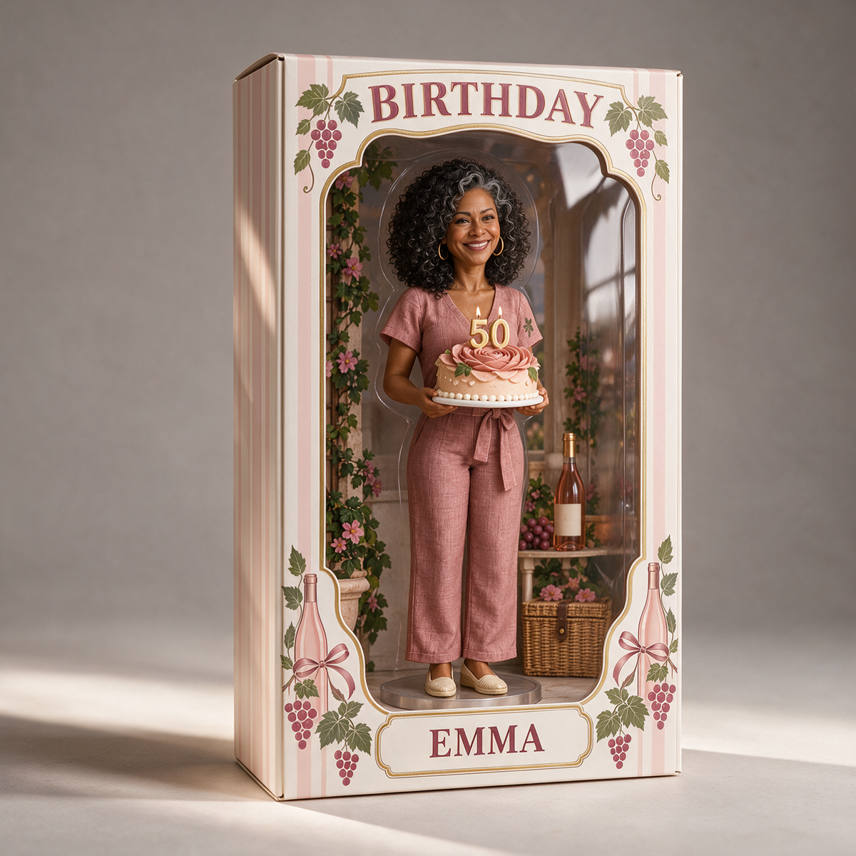 Personalized Wine Lover Figurine Display Box - Rosé Birthday Photo Portrait with Custom Name and Age