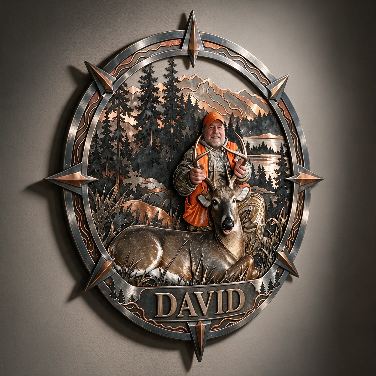 Personalized Custom Photo Deer Hunting 3D Metal Wall Art - Compass Frame Gift for Older Men