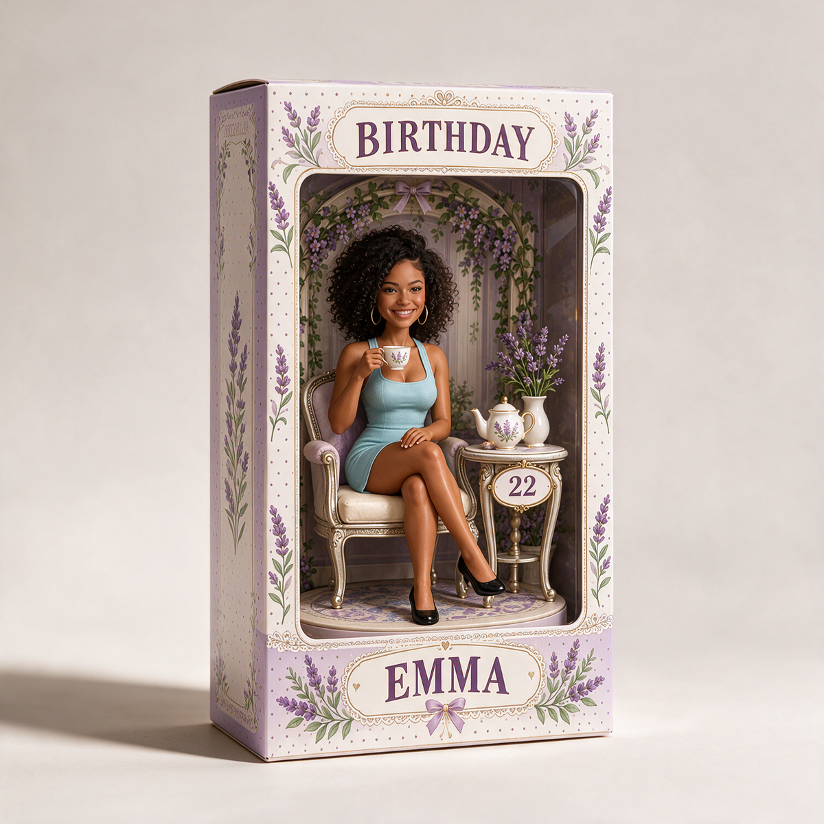 Personalized Birthday Figurine Display Box - Lavender Tea Party Photo Portrait with Custom Name and Age