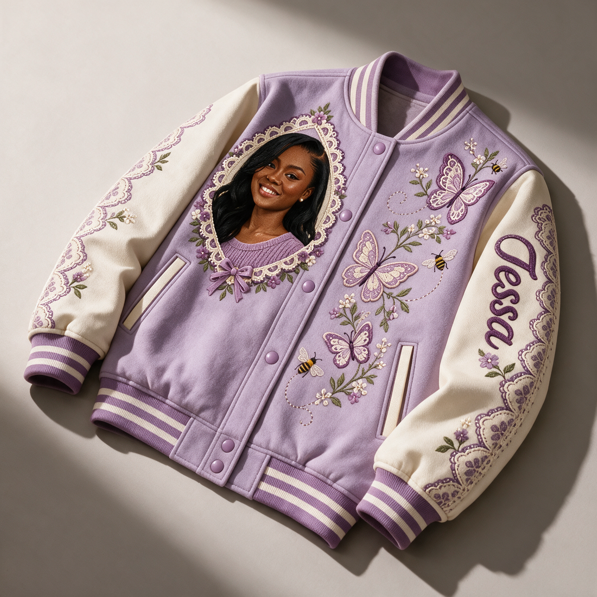 Personalized Butterfly Lace Varsity Jacket - Women's Portrait and Name