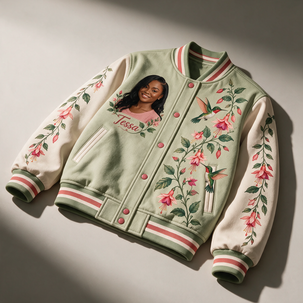 Personalized Hummingbird Varsity Jacket - Women's Floral Photo Portrait
