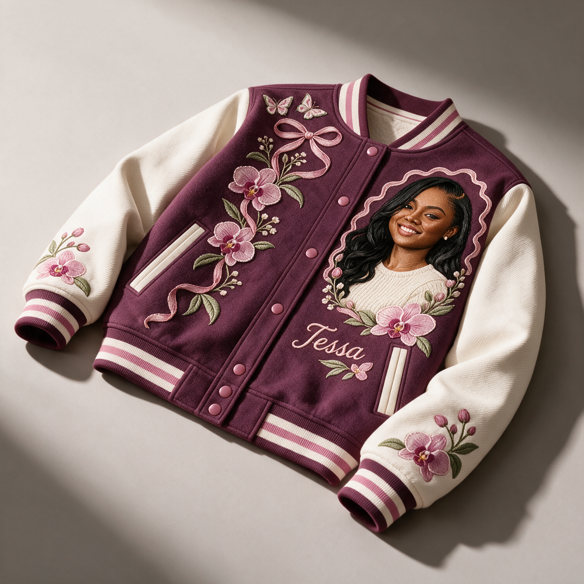 Personalized Orchid Butterfly Varsity Jacket - Women's Birthday Gift with Portrait and Name