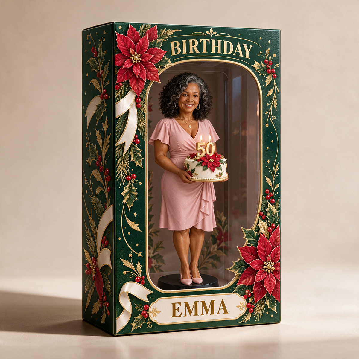 Personalized Custom Photo Poinsettia Figurine in Acrylic Display Box - 50th Birthday Gift for Women