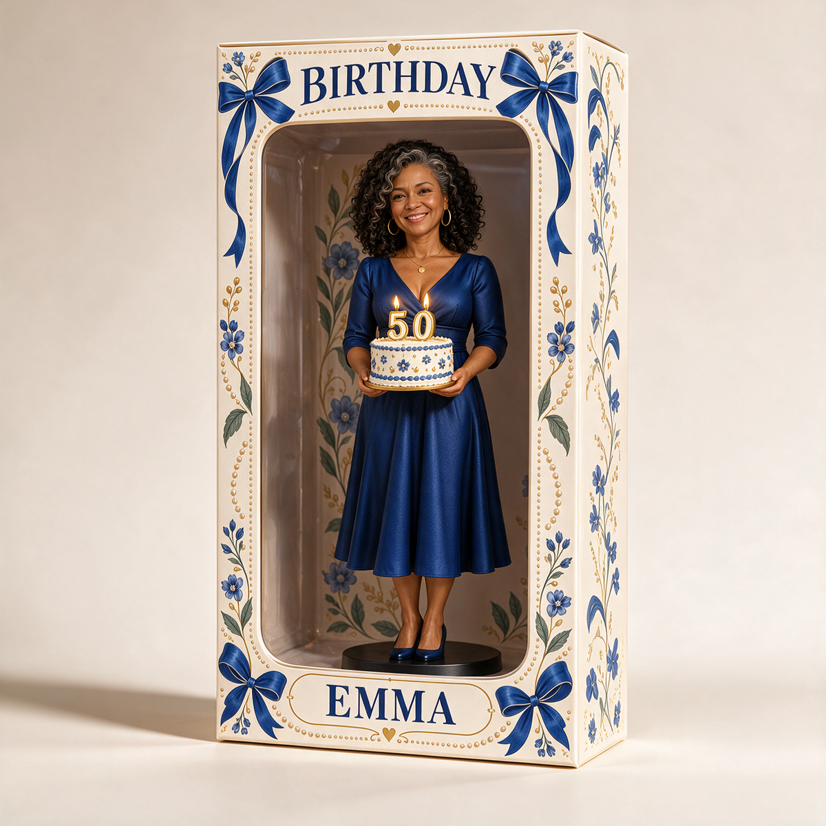 Personalisierte Fotofigurinen-Displaybox mit blauer Schleife - 50. Geburtstagsgeschenk für Frauen