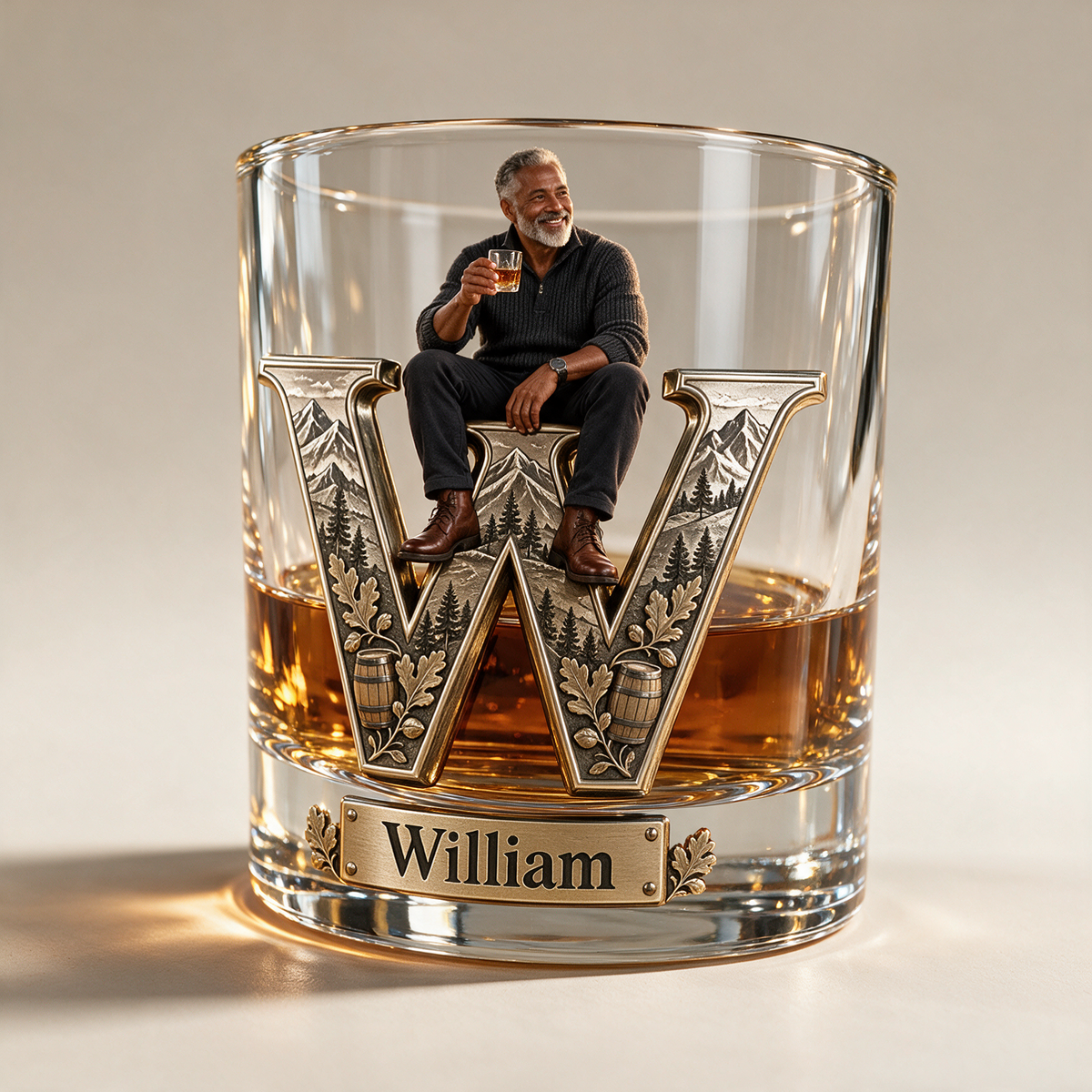 Personalized Custom Photo Mountain Monogram Whiskey Glass - Gift for Older Men Who Love Whiskey