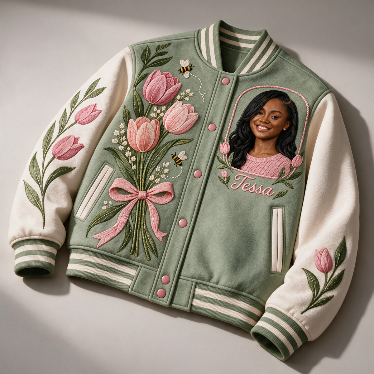 Personalized Tulip Bow Varsity Jacket - Women's Birthday Gift with Portrait and Name