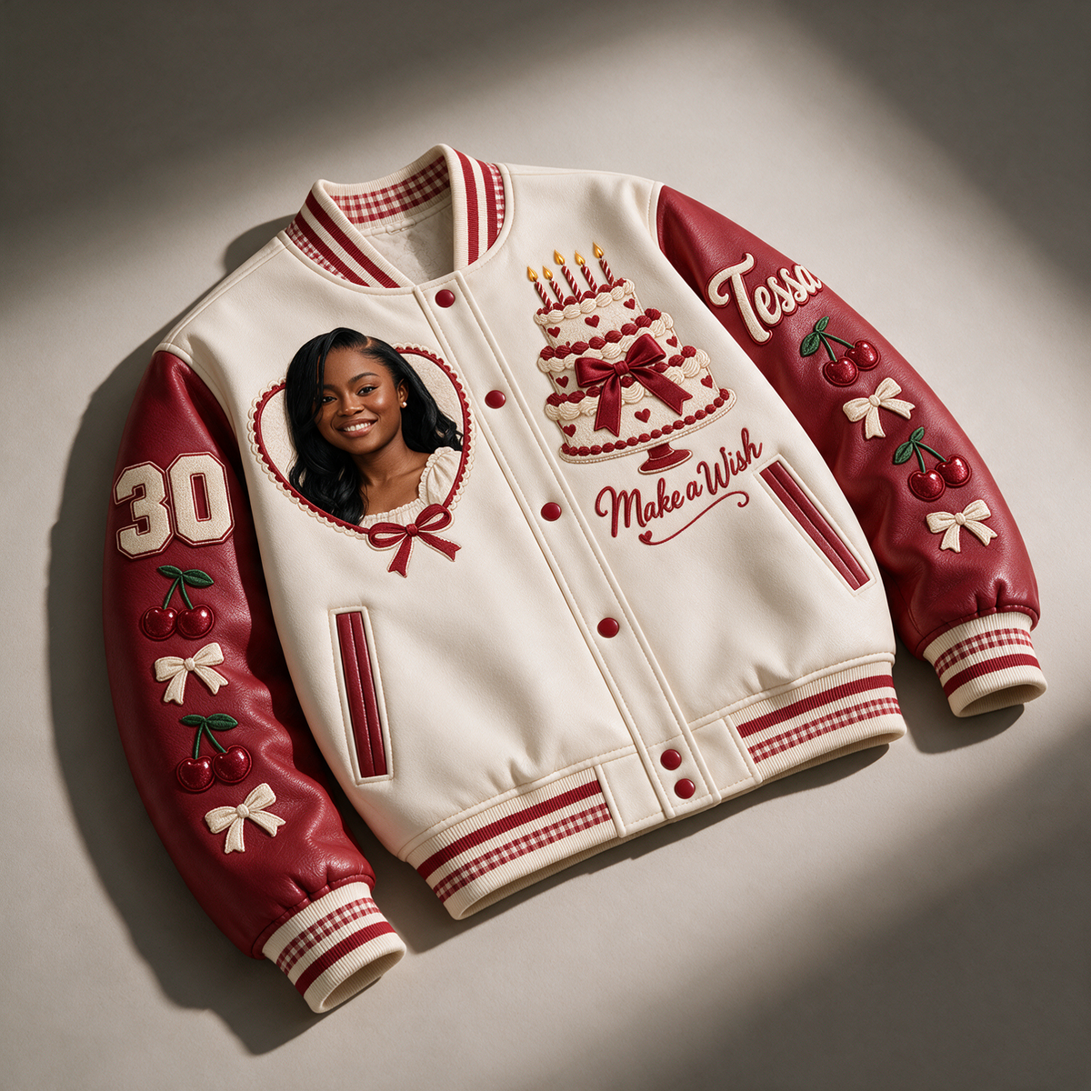 Personalized 30th Birthday Varsity Jacket - Cake, Cherries & Photo Portrait